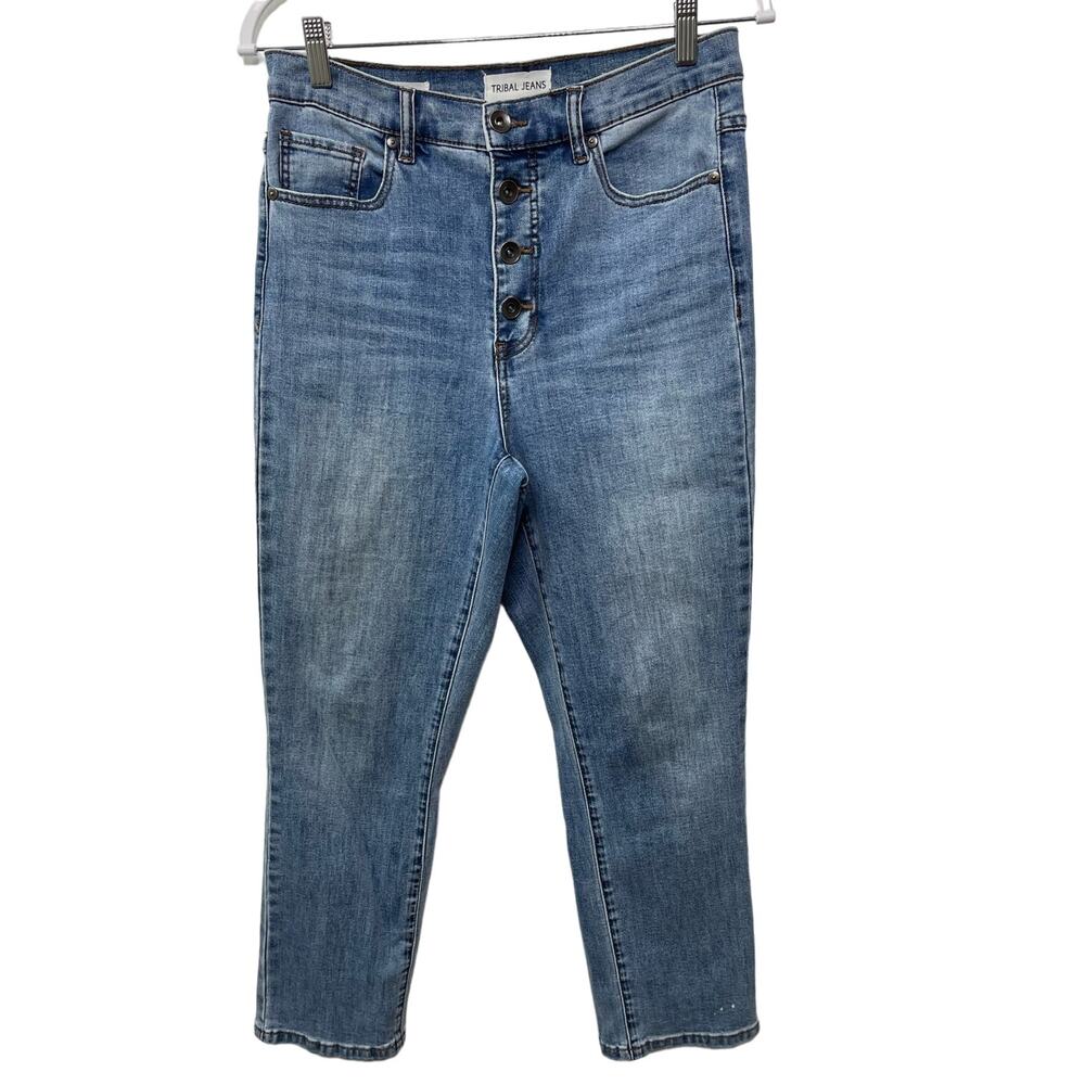 Tribal Jeans Brooke High Rise Straight Crop Button Fly Denim Blue Womens Size 8‎